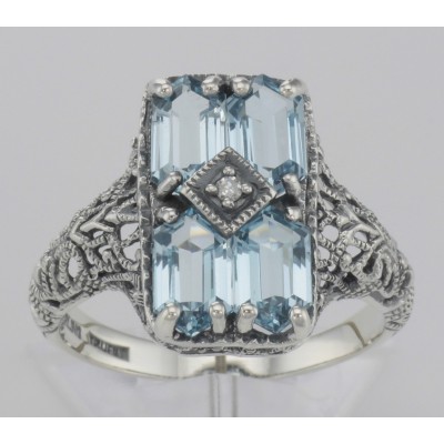 Art Deco Style 2 Carat Blue Topaz Filigree Ring w/ Diamond - Sterling Silver - FR-151-BT