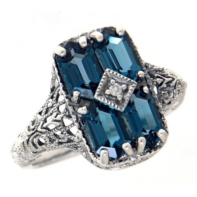 Art Deco Style 2 Ct London Blue Topaz Filigree Diamond Ring Sterling Silver - FR-151-LBT