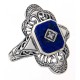 Victorian Style Classic Blue Lapis Filigree Diamond Ring Sterling Silver - FR-1537-L