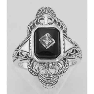 Victorian Style Classic Black Onyx Filigree Diamond Ring Sterling Silver - FR-1537-O