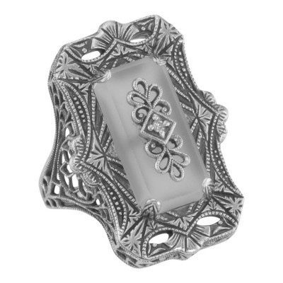 Victorian Style Camphor Glass Filigree Diamond Ring - Sterling Silver - FR-1538-CR