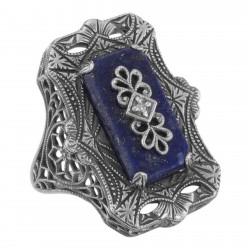 Victorian Style Blue Lapis Filigree Diamond Ring - Sterling Silver