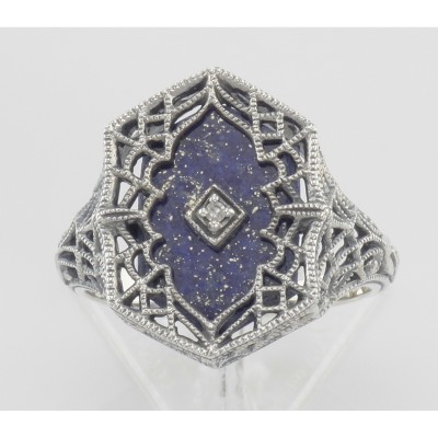 Victorian Style Blue Lapis Filigree Diamond Ring in Fine Sterling Silver - FR-1541-L
