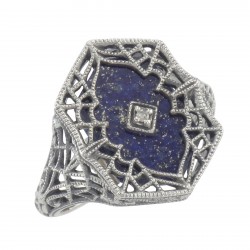 Victorian Style Blue Lapis Filigree Diamond Ring in Fine Sterling Silver