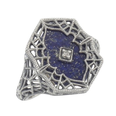 Victorian Style Blue Lapis Filigree Diamond Ring in Fine Sterling Silver - FR-1541-L