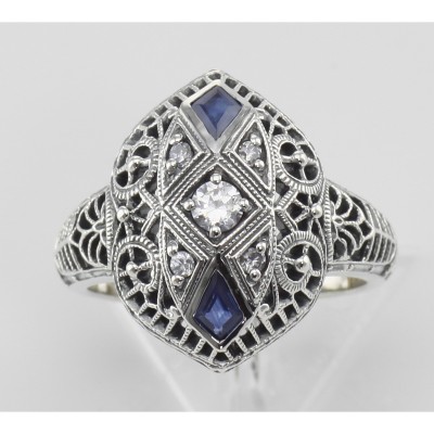 CZ / Sapphire Filigree Ring - Art Deco Style - Sterling Silver - FR-158