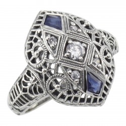 CZ / Sapphire Filigree Ring - Art Deco Style - Sterling Silver