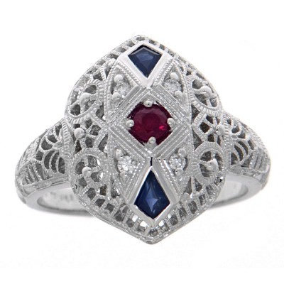 Art Deco Style Ruby Diamond and Sapphire Filigree Ring 14kt White Gold - FR-158-R-D-WG