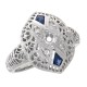 Semi Mount Diamond and Sapphire Filigree Ring Art Deco Style 14kt White Gold - FR-158-SEMI-WG