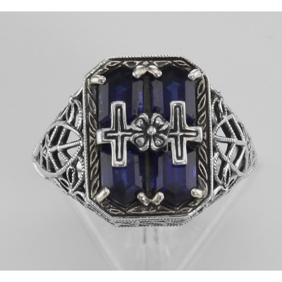 Cross and Flower Design Blue Sapphire Filigree Ring - Sterling Silver - FR-160-BLUE