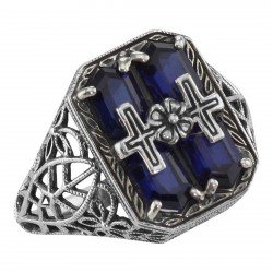 Cross and Flower Design Blue Sapphire Filigree Ring - Sterling Silver