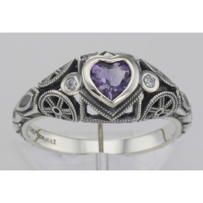 Victorian Style Heart Shaped Amethyst  White Topaz Ring Sterling Silver - FR-17-AM-WT
