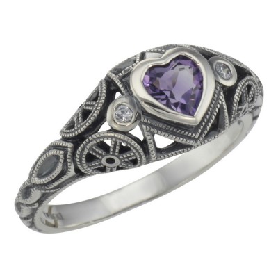 Victorian Style Heart Shaped Amethyst  White Topaz Ring Sterling Silver - FR-17-AM-WT