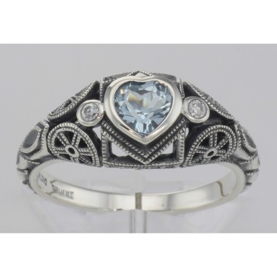 Victorian Style Heart Shaped Blue Topaz White Topaz Ring - Sterling Silver - FR-17-BT-WT Victorian Style Heart Shaped Blue Topaz White Topaz Ring - Sterling Silver - FR-17-BT-WT