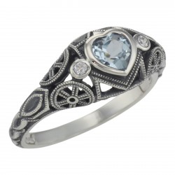 Victorian Style Heart Shaped Blue Topaz  White Topaz Ring Sterling Silver Victorian Style Heart Shaped Blue Topaz  White Topaz Ring Sterling Silver
