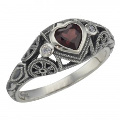 Victorian Style Heart Shaped Garnet  White Topaz Ring Sterling Silver Victorian Style Heart Shaped Garnet  White Topaz Ring Sterling Silver