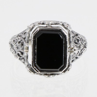Unique Black Onyx / Mother of Pearl Filigree Flip Ring - Sterling Silver - FR-175-MOP-O