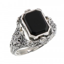 Unique Black Onyx / Mother of Pearl Filigree Flip Ring - Sterling Silver