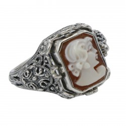 Hand Carved Italian Cameo / Lapis Filigree Flip Ring - Sterling Silver