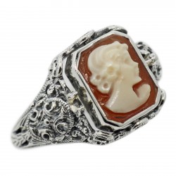 Hand Carved Italian Cameo / Onyx Filigree Flip Ring - Sterling Silver