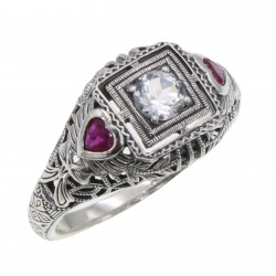 Art Deco Style White Topaz Filigree Ring Red Ruby Accents Sterling Silver Art Deco Style White Topaz Filigree Ring Red Ruby Accents Sterling Silver