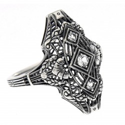 Art Deco Style Three Stone Sterling Silver Filigree White Topaz Ring Art Deco Style Three Stone Sterling Silver Filigree White Topaz Ring