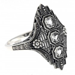 Art Deco Style Three Stone Sterling Silver Filigree White Topaz Ring Art Deco Style Three Stone Sterling Silver Filigree White Topaz Ring