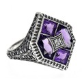 Art Deco Style Filigree Ring w/ Amethyst  White Topaz - Sterling Silver