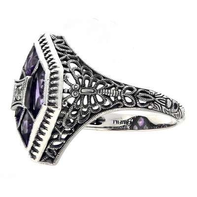 Art Deco Style Filigree Ring w/ Amethyst  White Topaz - Sterling Silver - FR-1827-AM