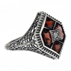 Art Deco Style Filigree Ring w/ Garnet  White Topaz - Sterling Silver