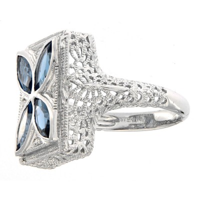 Art Deco Style Filigree Ring w/ London Blue  White Topaz - Sterling Silver - FR-1827-LBT