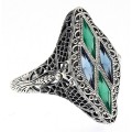 Art Deco Ring with London Blue Topaz, Green Chalcedony Sterling Silver
