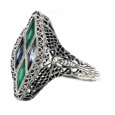 Art Deco Style Ring with London Blue Topaz, Green Chalcedony Sterling Silver - FR-1828-G-LBT