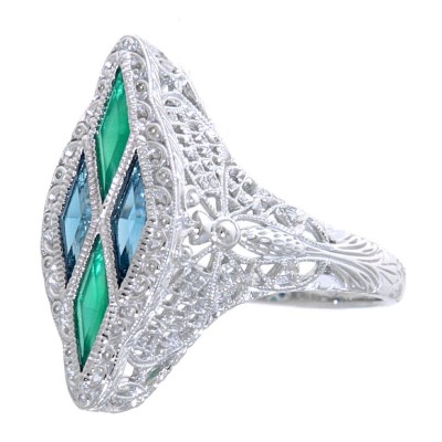 14kt White Gold Art Deco Style Ring with London Blue Topaz Green Chalcedony - FR-1828-G-LBT-WG