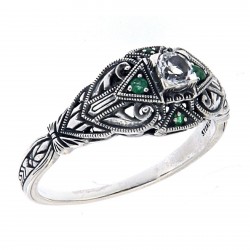 Art Deco White Topaz Filigree Ring w/ Emerald Accents - Sterling Silver Art Deco White Topaz Filigree Ring w/ Emerald Accents - Sterling Silver