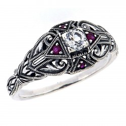 Art Deco Style White Topaz Filigree Ring w/ Ruby Accents - Sterling Silver Art Deco Style White Topaz Filigree Ring w/ Ruby Accents - Sterling Silver