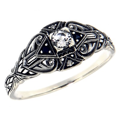 Art Deco Style White Topaz Filigree Ring w/ Blue Sapphire - Sterling Silver - FR-1829-S-WT