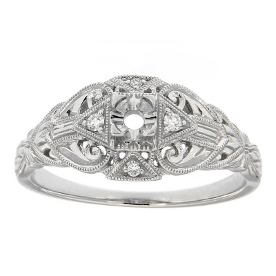 14kt White Gold Art Deco Style Semi Mount Filigree Ring Sapphire accents 3mm - FR-1829-SEMI-WG