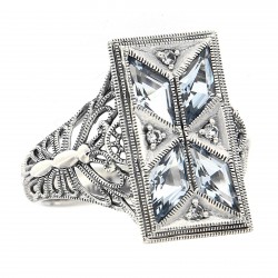 Art Deco Style Filigree Ring w/ Blue  White Topaz - Sterling Silver