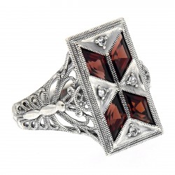 Art Deco Style Filigree Ring Red Garnet  White Topaz - Sterling Silver