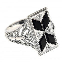 Art Deco Style Filigree Ring Black Onyx  White Topaz - Sterling Silver
