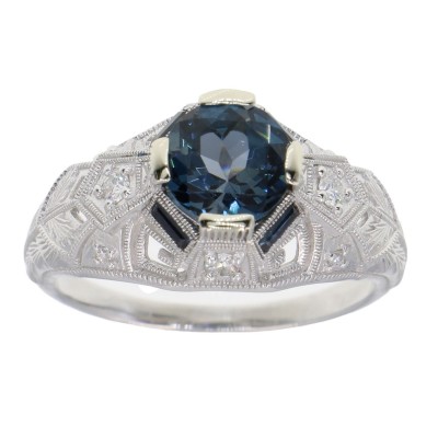 Art Deco Style London Blue Topaz Filigree Ring w/ Sapphires and Diamonds 14kt White Gold - FR-1832-LBT-WG