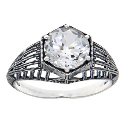 Art Deco Style Sterling Silver White Topaz Filigree Ring - FR-1835-WT