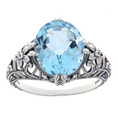 Victorian Style Geniune Blue Topaz Filigree Ring - Sterling Silver - FR-1836-BT
