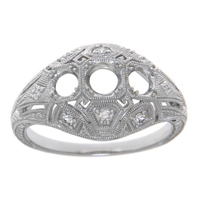 Art Deco Style Three Stone 14kt White Gold Filigree Semi Mount Diamond Ring - FR-1838-D-SEMI-WG