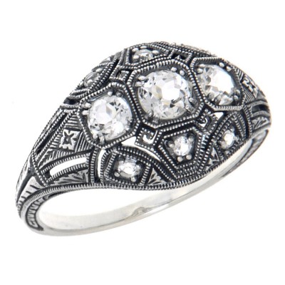 Art Deco Style Three Stone Sterling Silver Filigree White Topaz Ring - FR-1838-WT