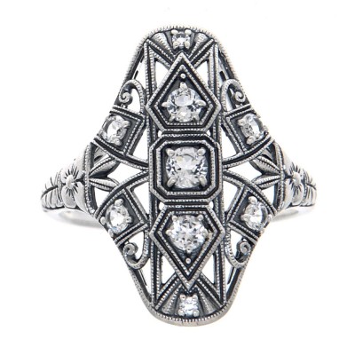 Art Deco Style Three Stone Sterling Silver Filigree White Topaz Ring - FR-1840-WT