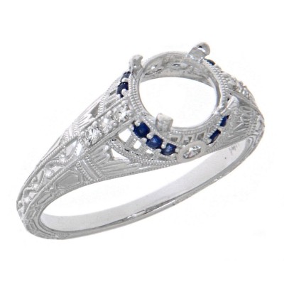 Art Deco Style Semi-Mount Filigree Ring Diamond Sapphire 14kt White Gold - FR-1841-S-D-SEMI-WG