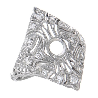 Art Deco Style 14kt White Gold Semi Mount Diamond Filigree Ring - FR-1842-SEMI-D-WG