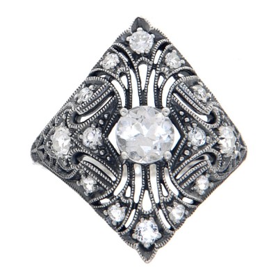 Art Deco Style Sterling Silver White Topaz Filigree Ring - FR-1842-WT